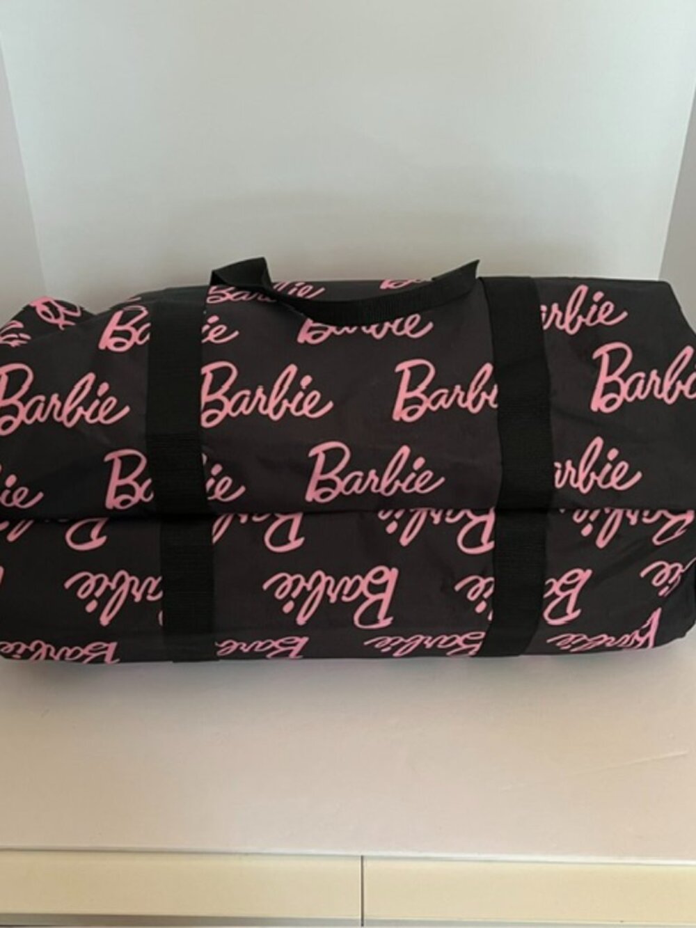 Barbie Large Weekender Travel Duffle Bag Black with All-over Pink Logos NWOT - Picture 5 of 7